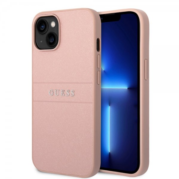 Guess iPhone 14 Plus -kuori Saffiano Metal Logo Stripes, pinkki
