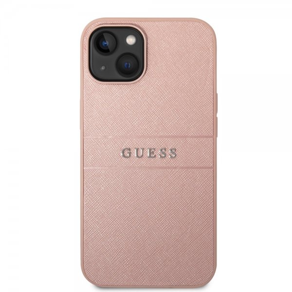Guess iPhone 14 Plus -kuori Saffiano Metal Logo Stripes, pinkki