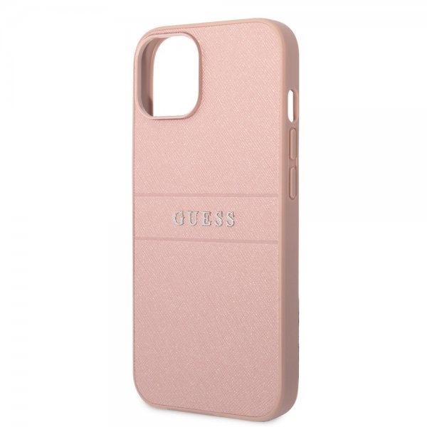 Guess iPhone 14 Plus -kuori Saffiano Metal Logo Stripes, pinkki