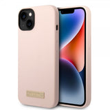 Guess iPhone 14 Plus -silikonikuori, metallilevy, MagSafe, pinkki