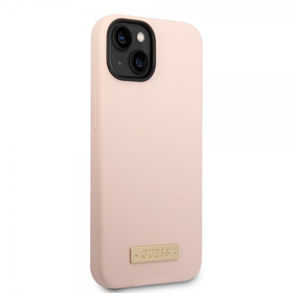 Guess iPhone 14 Plus -silikonikuori, metallilevy, MagSafe, pinkki