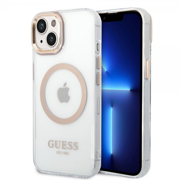 Guess iPhone 14 Plus Läpinäkyvä MagSafe Kultainen Läpinäkyvä kuori