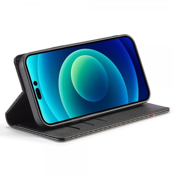 Lc.Imeeke iPhone 14 Pro -kuori hiilikuitukuvio punaisella vaakasuoralla raidalla