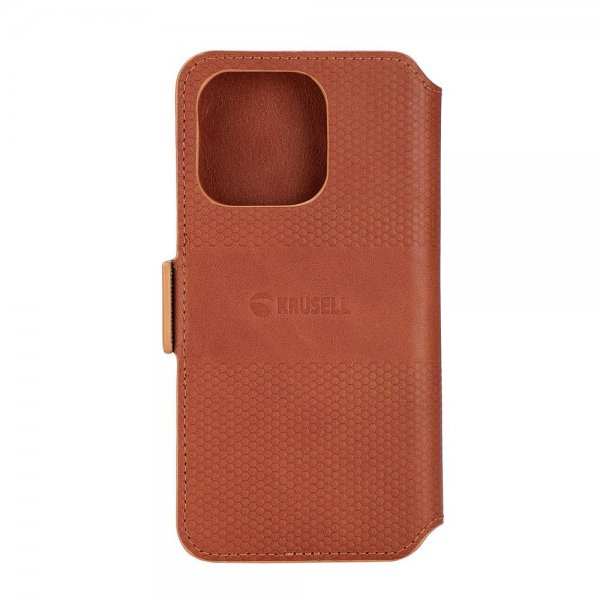 Krusell iPhone 14 Pro -suojakuori, nahkainen PhoneWallet, konjakinruskea