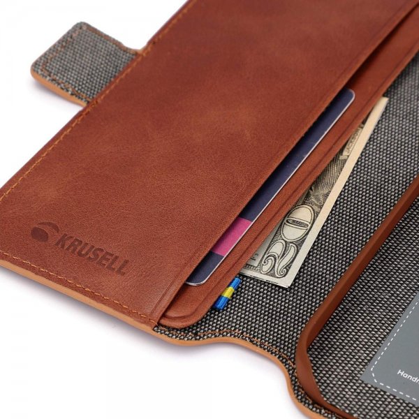 Krusell iPhone 14 Pro -suojakuori, nahkainen PhoneWallet, konjakinruskea