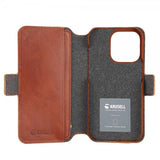 Krusell iPhone 14 Pro -suojakuori, nahkainen PhoneWallet, konjakinruskea