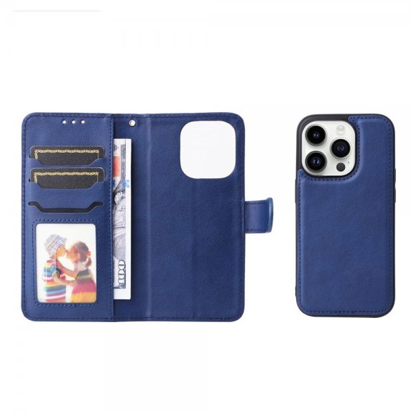 iPhone 14 Pro -kotelo irrotettavalla KT Leather Series-3 -nahkakuorella, sininen