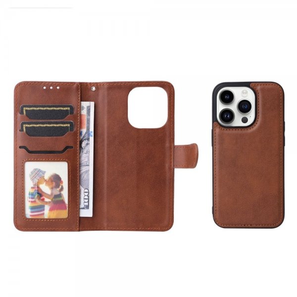 iPhone 14 Pro -kotelo irrotettavalla KT Leather Series-3 -kuorella, ruskea