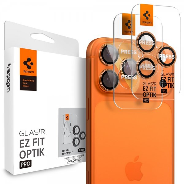 Spigen iPhone 14/15/16/17 Pro & Pro Max -kamerasuojus GLAS.tR EZ Fit Optik Pro 2-pakkaus Oranssi