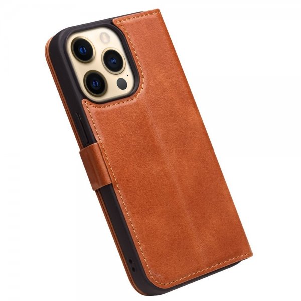 Qialino iPhone 14 Pro Max -kotelo, aitoa nahkaa, ruskea