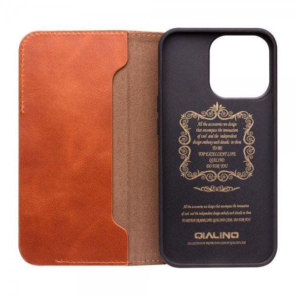 Qialino iPhone 14 Pro Max -kotelo, aitoa nahkaa, ruskea
