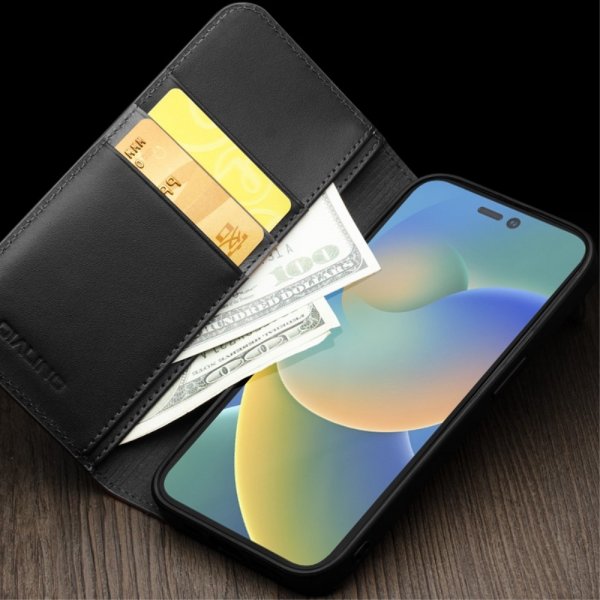 Qialino iPhone 14 Pro Max Kotelo, aitoa nahkaa, musta