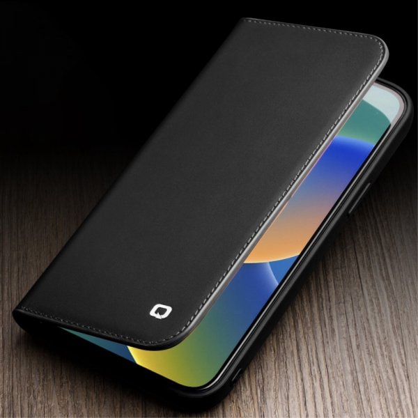 Qialino iPhone 14 Pro Max Kotelo, aitoa nahkaa, musta