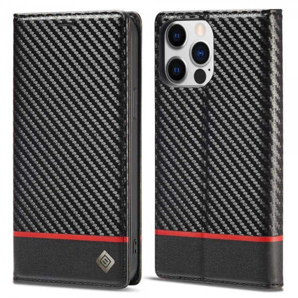 Lc.Imeeke iPhone 14 Pro Max -suojakuori, hiilikuitukuvio, punainen raita vaakasuora