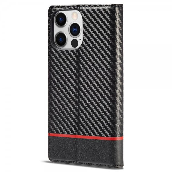 Lc.Imeeke iPhone 14 Pro Max -suojakuori, hiilikuitukuvio, punainen raita vaakasuora