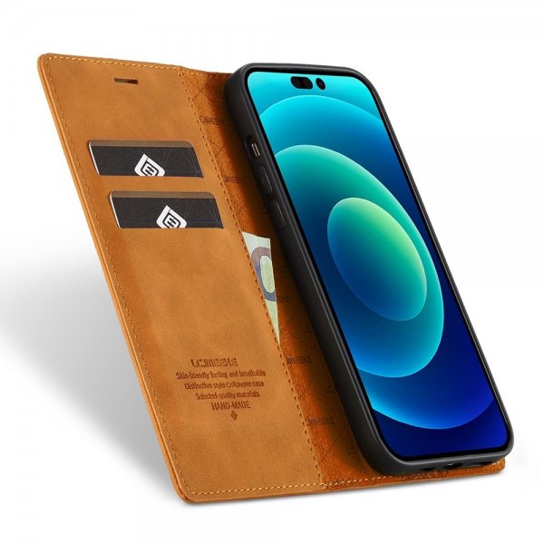 Lc.Imeeke iPhone 14 Pro Max -suojakuori korttipaikalla, läppämalli, ruskea