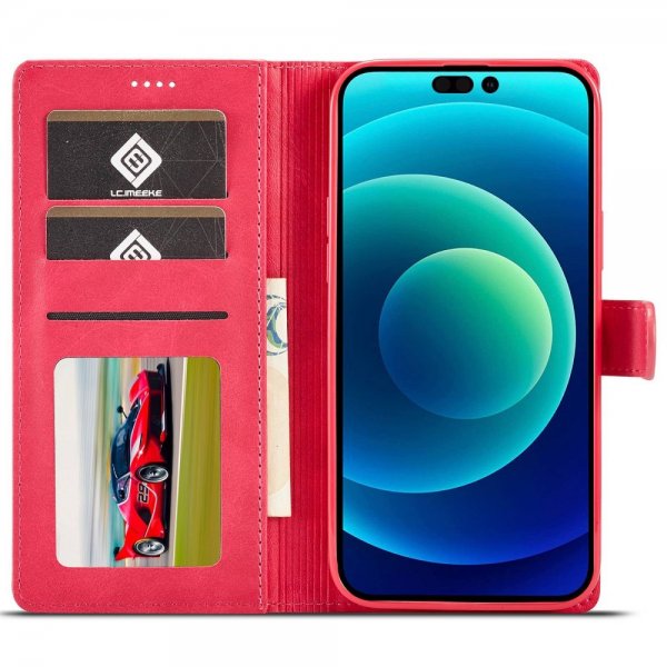 Lc.Imeeke iPhone 14 Pro Max -kotelo, jossa korttipaikka ja jalustatoiminto, magenta