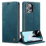 CaseMe iPhone 14 Pro Max Retro Flip -suojakotelo, bensiininsininen