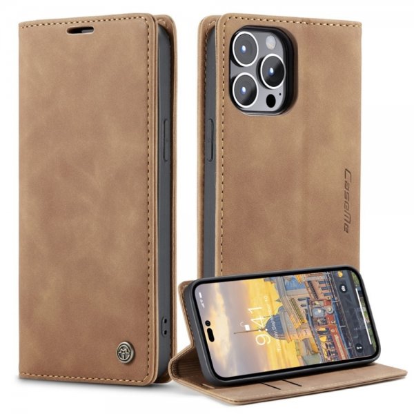 CaseMe iPhone 14 Pro Max Retro Flip Ruskea suojakotelo