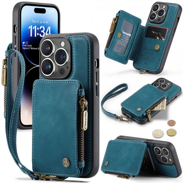 CaseMe iPhone 14 Pro Max -suojakuori C20, korttipaikka, vetoketju, petroolinsininen