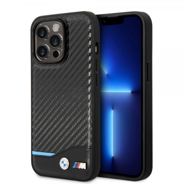 BMW iPhone 14 Pro Max Suojakuori Hiilikuitujäljitelmä Painettu Logo Musta
