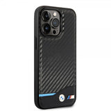 BMW iPhone 14 Pro Max Suojakuori Hiilikuitujäljitelmä Painettu Logo Musta