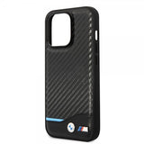 BMW iPhone 14 Pro Max Suojakuori Hiilikuitujäljitelmä Painettu Logo Musta