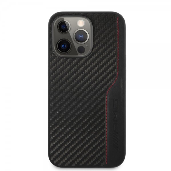 AMG iPhone 14 Pro Max Suojakuori Hiilikuitujäljitelmä Kohokuvioitu Logo Musta