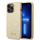 Guess iPhone 14 Pro Max Suojakuori Glitter Flakes Metal Logo Kulta