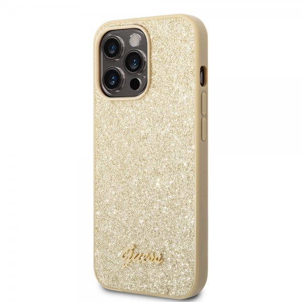 Guess iPhone 14 Pro Max Suojakuori Glitter Flakes Metal Logo Kulta