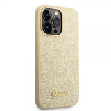 Guess iPhone 14 Pro Max Suojakuori Glitter Flakes Metal Logo Kulta