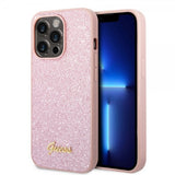 Guess iPhone 14 Pro Max Suojakuori Glitter Flakes Metal Logo Ruusukulta