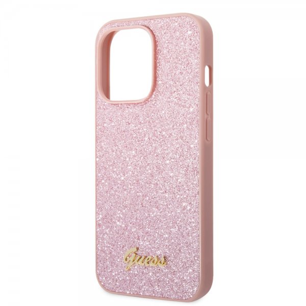 Guess iPhone 14 Pro Max Suojakuori Glitter Flakes Metal Logo Ruusukulta