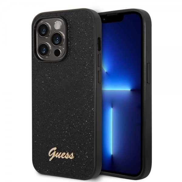 Guess iPhone 14 Pro Max Suojakuori Glitterhiutaleita Metallilogo Musta