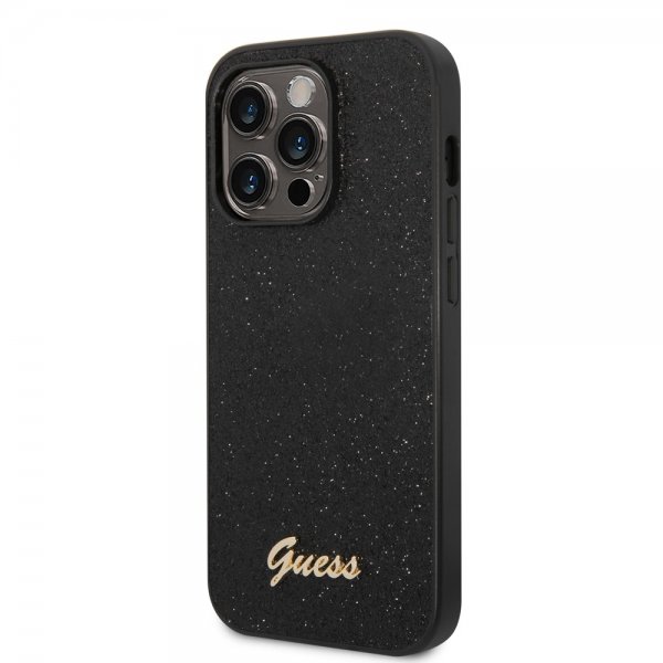 Guess iPhone 14 Pro Max Suojakuori Glitterhiutaleita Metallilogo Musta