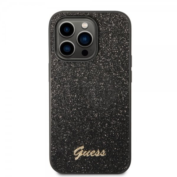 Guess iPhone 14 Pro Max Suojakuori Glitterhiutaleita Metallilogo Musta