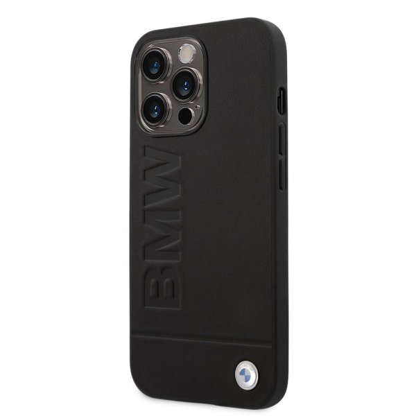 BMW iPhone 14 Pro Max Suojakuori Hot Stamp Metal Logo Musta