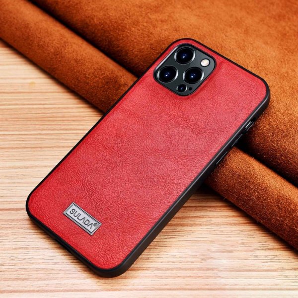 Sulada iPhone 14 Pro Max Kuori, Nahkarakenne, Punainen