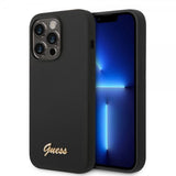 Guess iPhone 14 Pro Max Kuori Liquid Silicone Metal Logo Musta