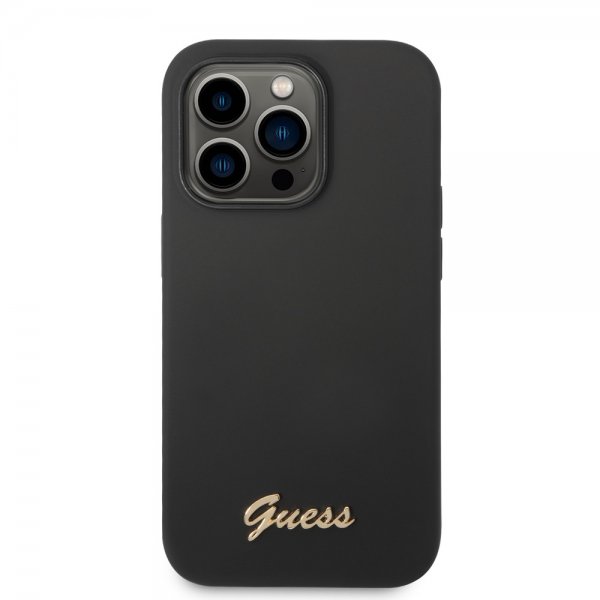 Guess iPhone 14 Pro Max Kuori Liquid Silicone Metal Logo Musta
