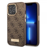 Guess iPhone 14 Pro Max -kuori Metal Plate Logo MagSafe ruskea