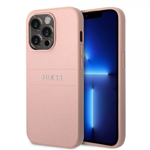 Guess iPhone 14 Pro Max -kuoret Saffiano Metal Logo Stripes, ruusukulta