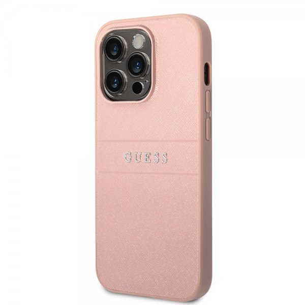 Guess iPhone 14 Pro Max -kuoret Saffiano Metal Logo Stripes, ruusukulta