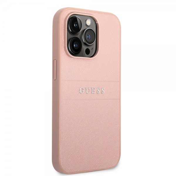 Guess iPhone 14 Pro Max -kuoret Saffiano Metal Logo Stripes, ruusukulta