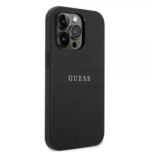 Guess iPhone 14 Pro Max Suojakuori Saffiano Metal Logo Stripes Musta
