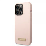 Guess iPhone 14 Pro Max -silikonikuori metallilevyllä MagSafe pinkki