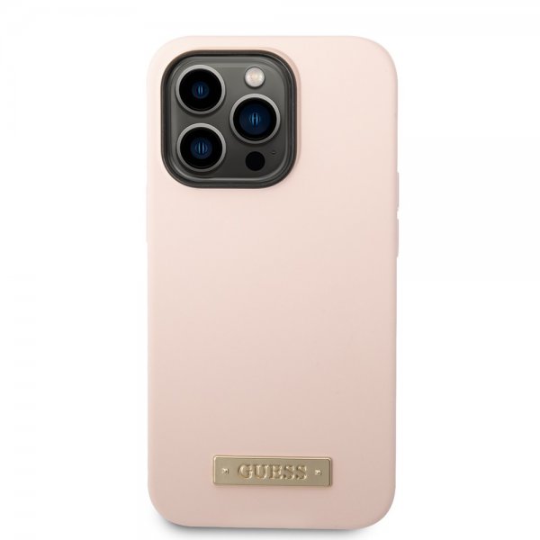 Guess iPhone 14 Pro Max -silikonikuori metallilevyllä MagSafe pinkki