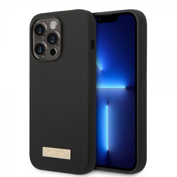 Guess iPhone 14 Pro Max Suojakuori Silikoni Metallilevy MagSafe Musta