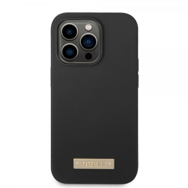Guess iPhone 14 Pro Max Suojakuori Silikoni Metallilevy MagSafe Musta
