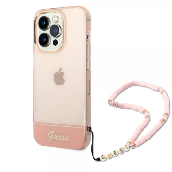 Guess iPhone 14 Pro Max Translucent -suojakuori, jossa hihna, pinkki